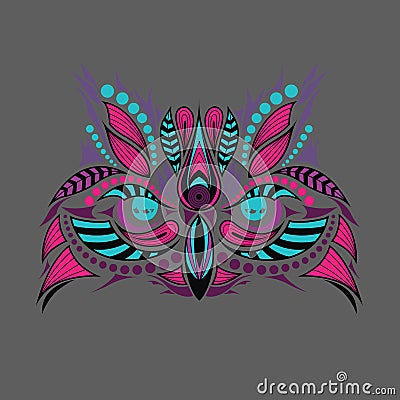 Patterned colored head of the owl. African / indian / totem / tattoo design. It may be used for design of a t-shirt, bag, postcard Vector Illustration