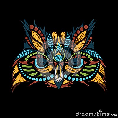 Patterned colored head of the owl on black. African / indian / totem / tattoo design Vector Illustration