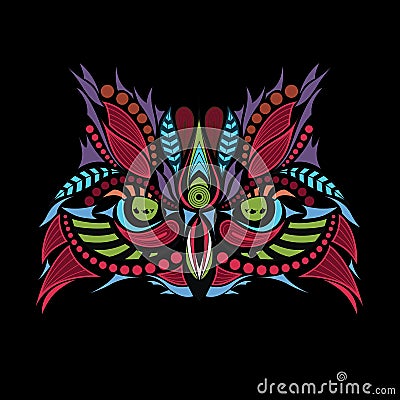 Patterned colored head of the owl on black. African / indian / totem / tattoo design Vector Illustration