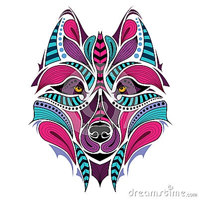 Patterned colored head of the wolf. African / indian / totem / tattoo design Vector Illustration