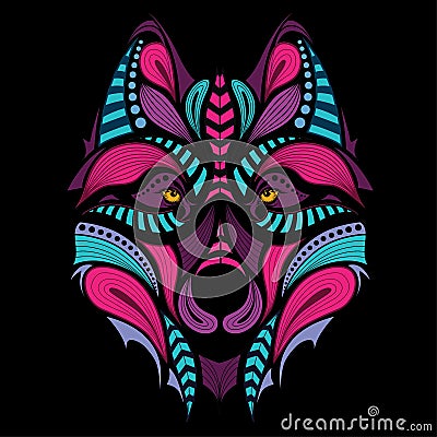 Patterned colored head of the wolf. African / indian / totem / tattoo design Vector Illustration