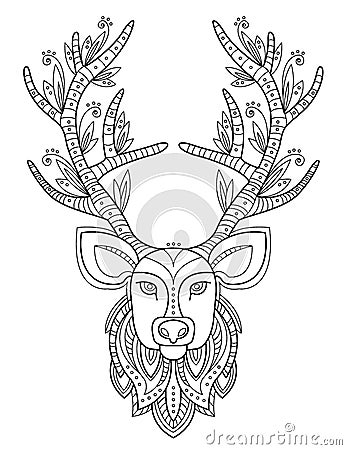 Patterned Deer Head with Big Antlers Vector Illustration