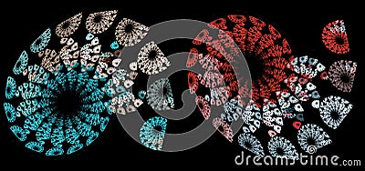 Patterned elements of different sizes follow each other in a spiral on a black background. Graphic design elements set. 3d Stock Photo