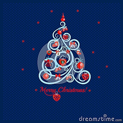 Patterned florid Christmas tree on a background of blue dots and the words Merry Christmas. Sample of the poster, party Vector Illustration