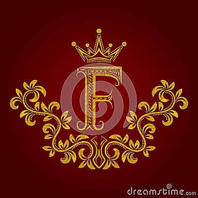 Patterned golden letter F monogram in vintage style. Heraldic coat of arms. Baroque logo template Vector Illustration