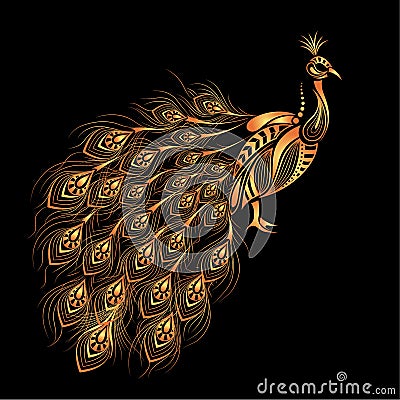 Patterned Golden peacock. African, indian design. It may be used for shirt, bag, postcard and poster. Vector Illustration