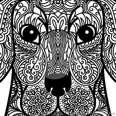 Patterned head of dog. Tattoo design. Coloring page. It may be used for design of a t-shirt, bag, postcard, a poster and so on Vector Illustration