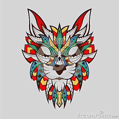 Patterned head of wild cat African Style With BrownLine Vector Illustration