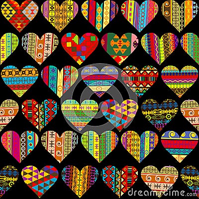 Patterned hearts collection, seamless background Vector Illustration