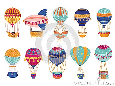 Patterned hot air balloons. Vintage flying transport, decorative bright colorful objects, retro romantic travelling Vector Illustration
