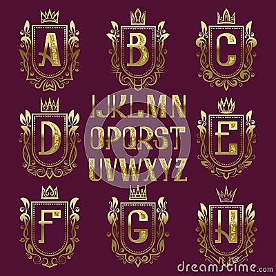 Patterned medieval coat of arms kit. Golden letters and ornamental wreath frames for creating initial logo Vector Illustration