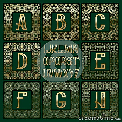 Patterned monogram kit. Golden letters and ornamental square frames for creating initial logo in vintage oriental style Vector Illustration