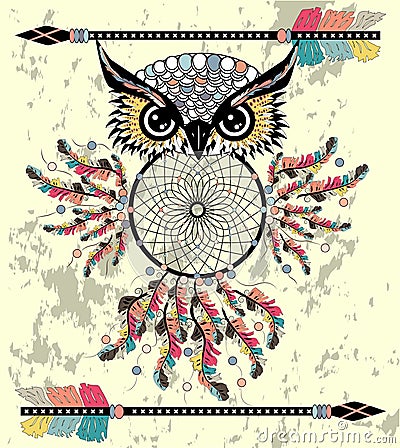 Patterned owl on the grunge background. African indian totem tattoo design. Vector Illustration