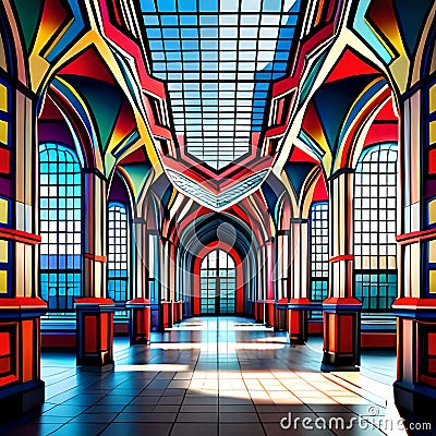 Patterned Pathways: An AI-Generated Journey Through a Mesmerizing Hallway Stock Photo
