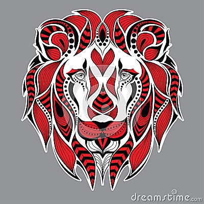 Patterned red head of the lion on the grey background. African / indian / totem / tattoo design. It may be used for design of a t- Vector Illustration