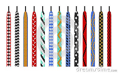 Patterned shoelace. Combined color options ties, shoes ropes with colorful patterns, variegated weaves lacing, footwear Vector Illustration