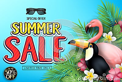 Patterned Summer Sale Text with Leaves, Flowers and Realistic Flamingo Together with Toucan Vector Vector Illustration