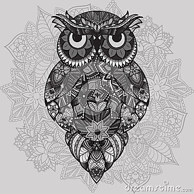 Patterned vector owl on the ornamental mandala background. African, indian, totem, tattoo design. Vector owl in tribal Vector Illustration