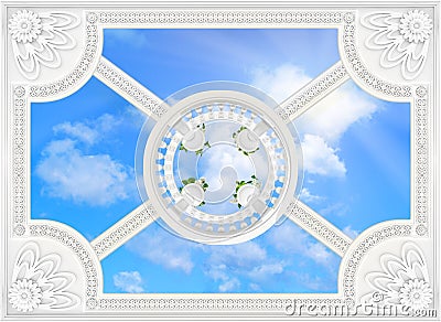 Patterned wallpapers on the ceiling with a round balustrade on top Stock Photo