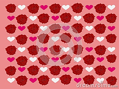 Patterns of beautiful red roses with pink background and white and pink love hearts Vector Illustration