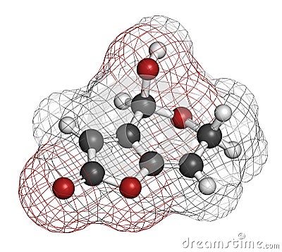 Patulin mycotoxin molecule. 3D rendering. Atoms are represented as spheres with conventional color coding: hydrogen (white), Stock Photo