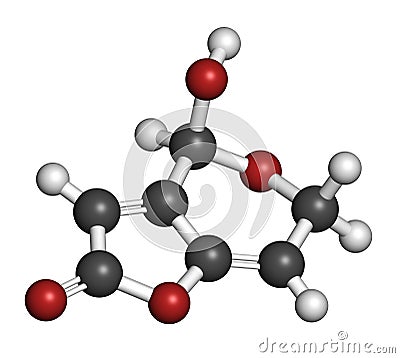 Patulin mycotoxin molecule. 3D rendering. Atoms are represented as spheres with conventional color coding: hydrogen (white), Stock Photo