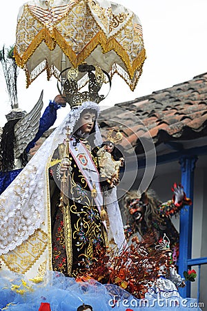 Paucartambo Peru Catholic procession of the Virgin of Carmen Celebration dating back to the 17th century with dancers dancing with Editorial Stock Photo