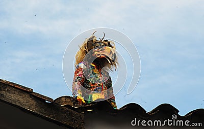 PAUCARTAMBO PERU Demons and devils called SAGRAS climbed on the roofs trying to tempt the Virgin of Carmen, Catholic religion, Editorial Stock Photo