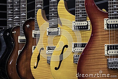 Paul Reed Smith Guitar display. PRS Guitars manufactures a wide array of guitars, bass guitars and amplifiers Stock Photo