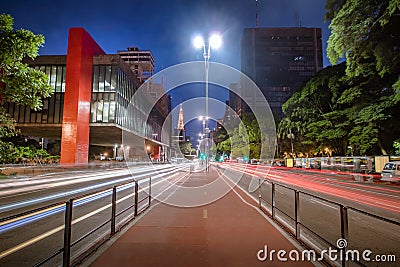 Paulista Avenue and MASP Sao Paulo Museum of Art at night - Sao Paulo, Brazil Stock Photo