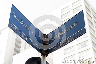 Paulista Avenue sign with mirrored buildings in the background during the day. Stock Photo