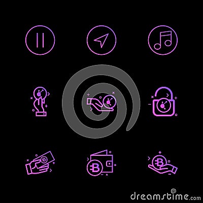 pause , music , forword , unlock , bit coin , money , wallet , 9 Vector Illustration