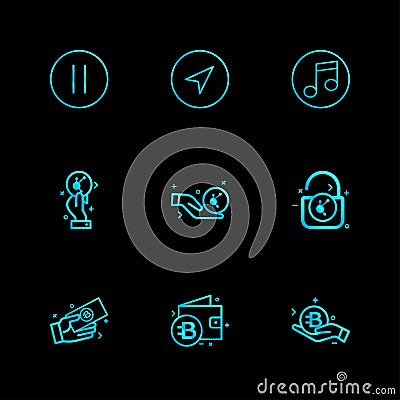 pause , music , forword , unlock , bit coin , money , wallet , 9 Vector Illustration