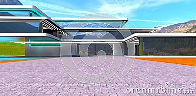 Paved area in front of the entrance of the luxury private property constructed in the mountains reflected in smooth glass facade. Stock Photo