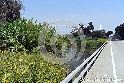 Paved bridge road winding through a flowing stream of water Stock Photo