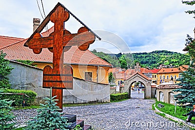 Wooden cross in Orthodox church courtyard BraÈ™ov Romania Editorial Stock Photo