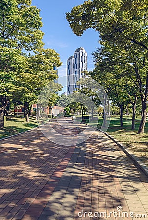 Paved road inside APEC Naru park in Busan Editorial Stock Photo