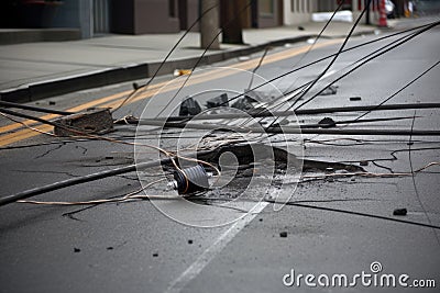pavement being damaged by fallen power line Stock Photo
