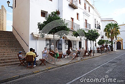 Pavement cafes, Vejer de la Frontera. Editorial Stock Photo