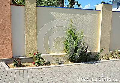 Paver backyard with a narrow small low maintanance flowerbed with juniper and roses next to the brick fence Stock Photo