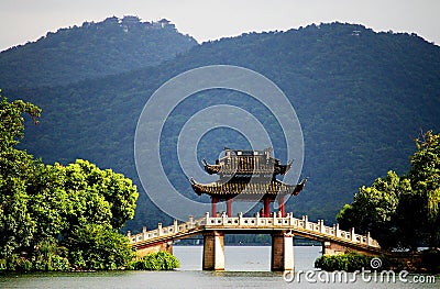 A pavilion bridge in west lake, hangzhou, china Stock Photo