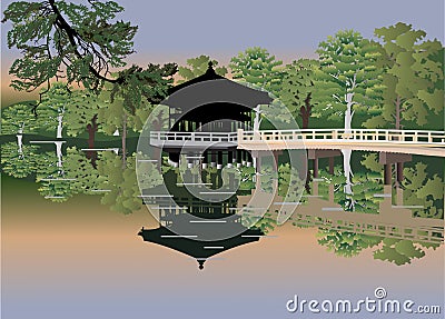 Pavilion in forest lake Vector Illustration