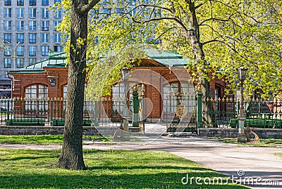 The pavilion housing the Cabin of Peter the Great viewed from the garden in St. Petersburg Stock Photo