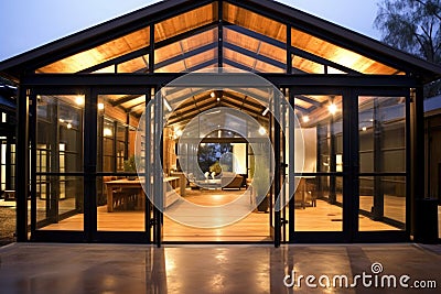 Pavilion with nature view. Steel frame, wood, glass doors. Black loft modern house. Generative AI Cartoon Illustration