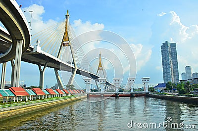 Pavilion for relaxing waterfront under Bhumibol Bridge Editorial Stock Photo