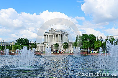 Pavilion 64 and Stone Flower fountain at Exhibition of Achievements of National Economy, Moscow Editorial Stock Photo