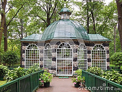 A pavillion for keeping exotic and singing birds in Peterhof in Saint Petersburg, Russia. Stock Photo