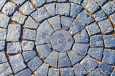 Paving. Square cobblestone circular pattern. Pavement in Vintage Design Flooring Square Pattern Texture Background. Stock Photo