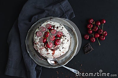 Pavlova cake with fresh cherry, cheese cream and Stock Photo