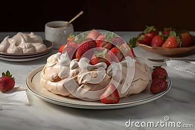 Pavlova strawberry plate sugar sweet. Generate Ai Stock Photo